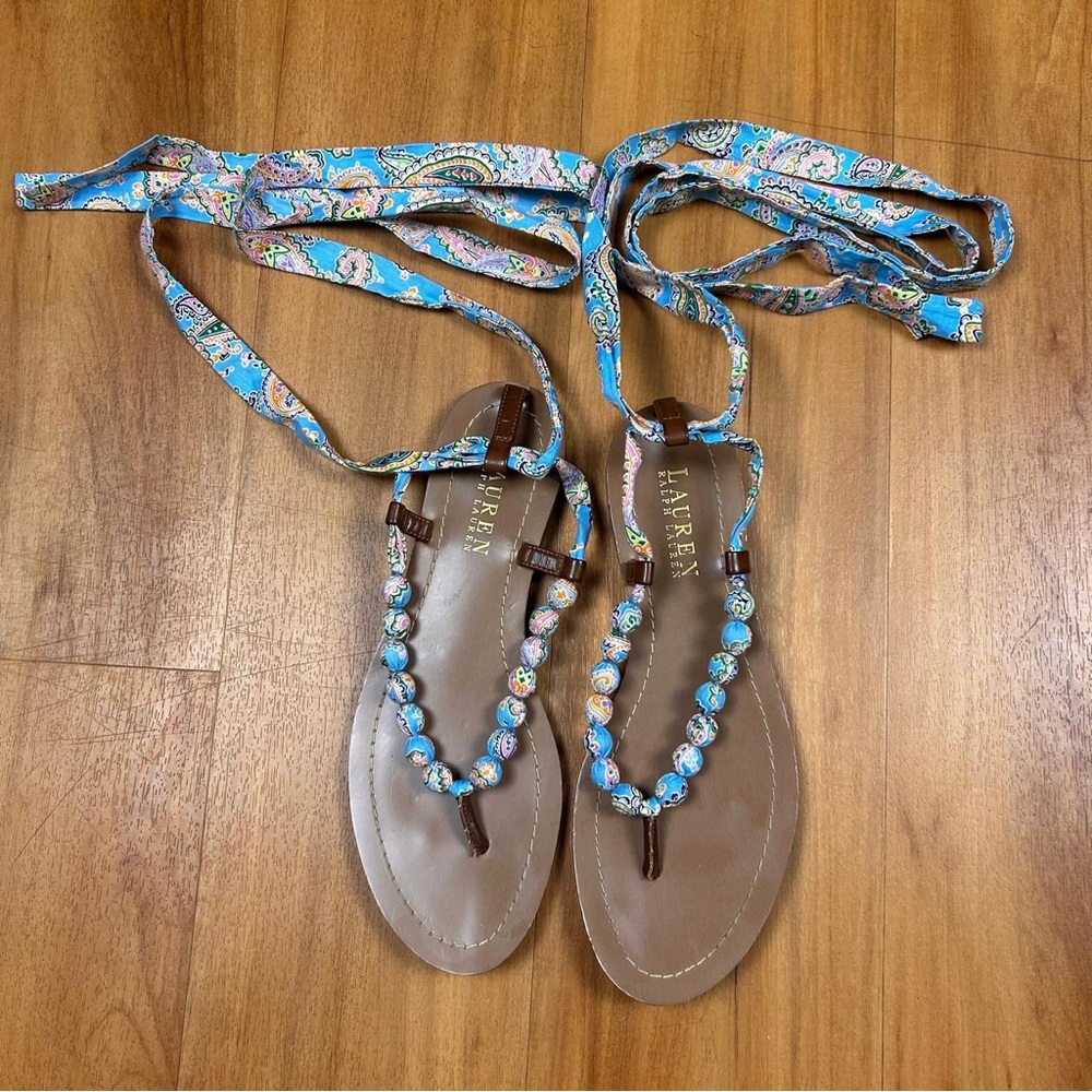 Lauren Ralph‎ Lauren Paisley Lace Up Sandals Womens 8.5B Boho Flat Beach